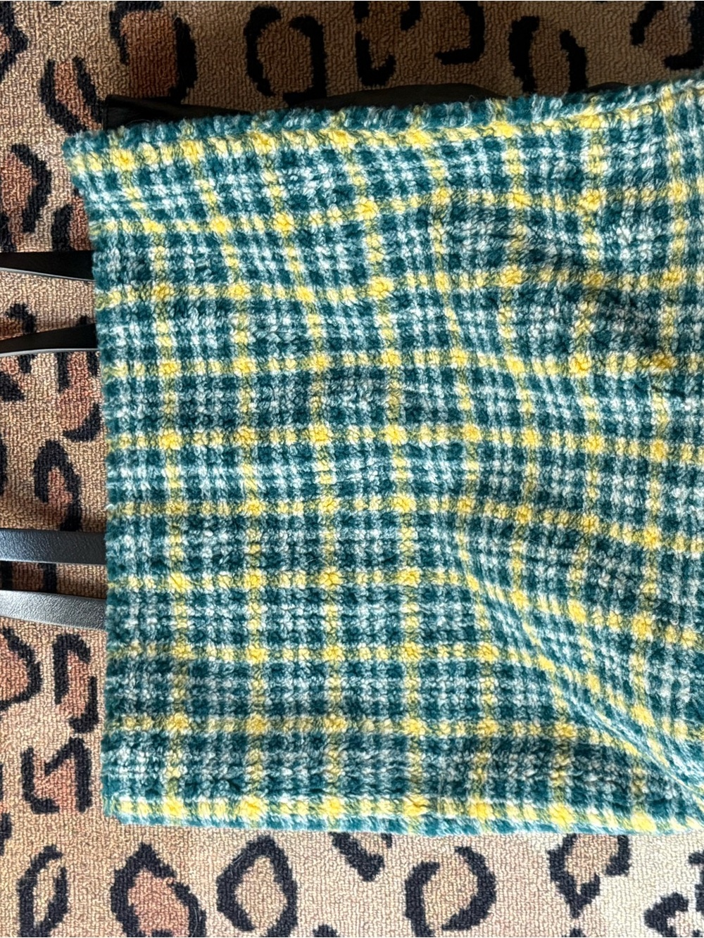 Marni Green/Yellow Plaid Faux Sherpa & Black Leather Tote